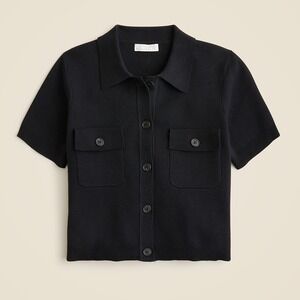 J. Crew Black Short Sleeve Pocket Cardigan Collared Button Knit Top - XXSmall
